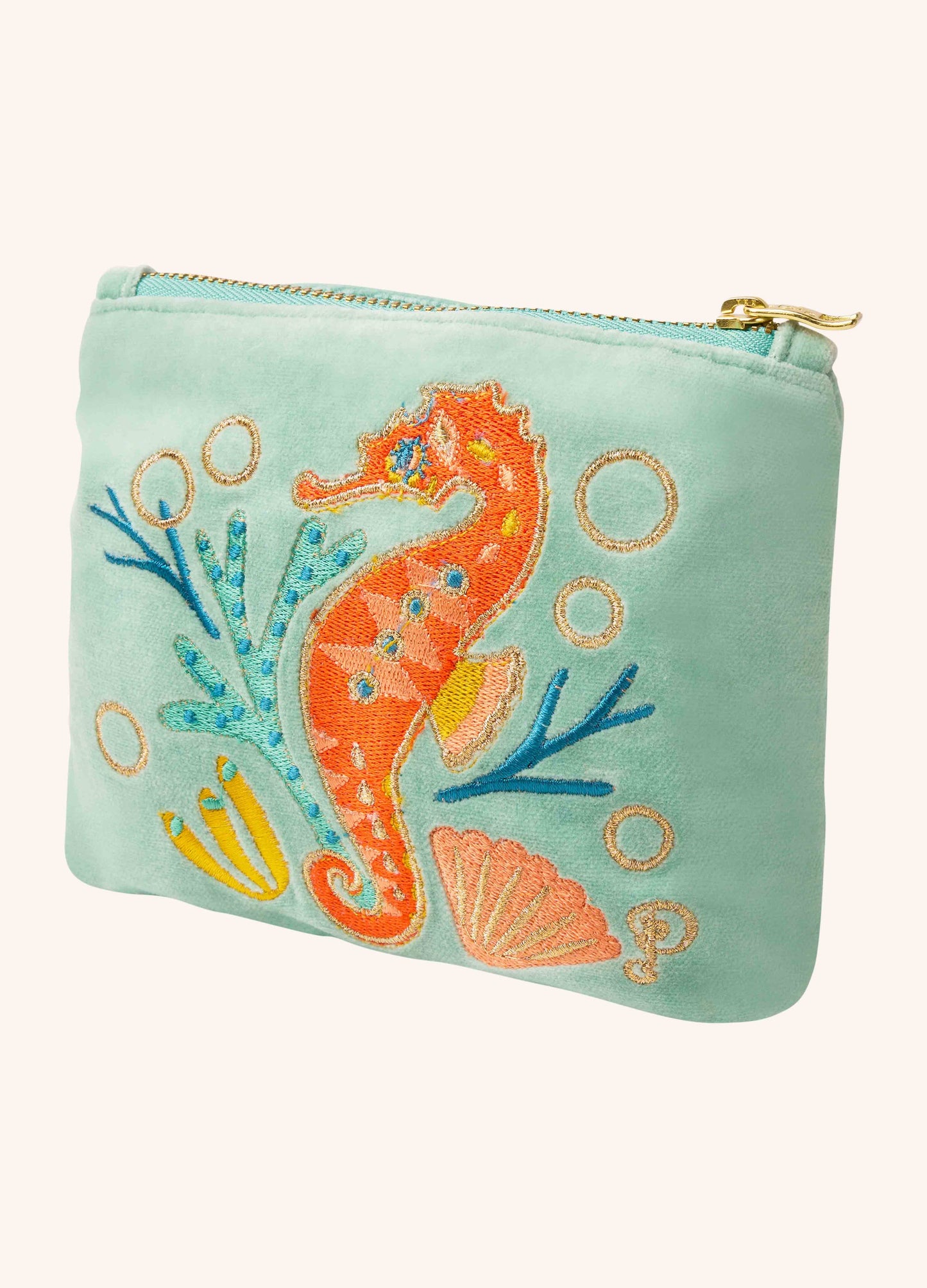 Velvet Embroidered Mini Pouch - Sparkling Seahorse - Aqua