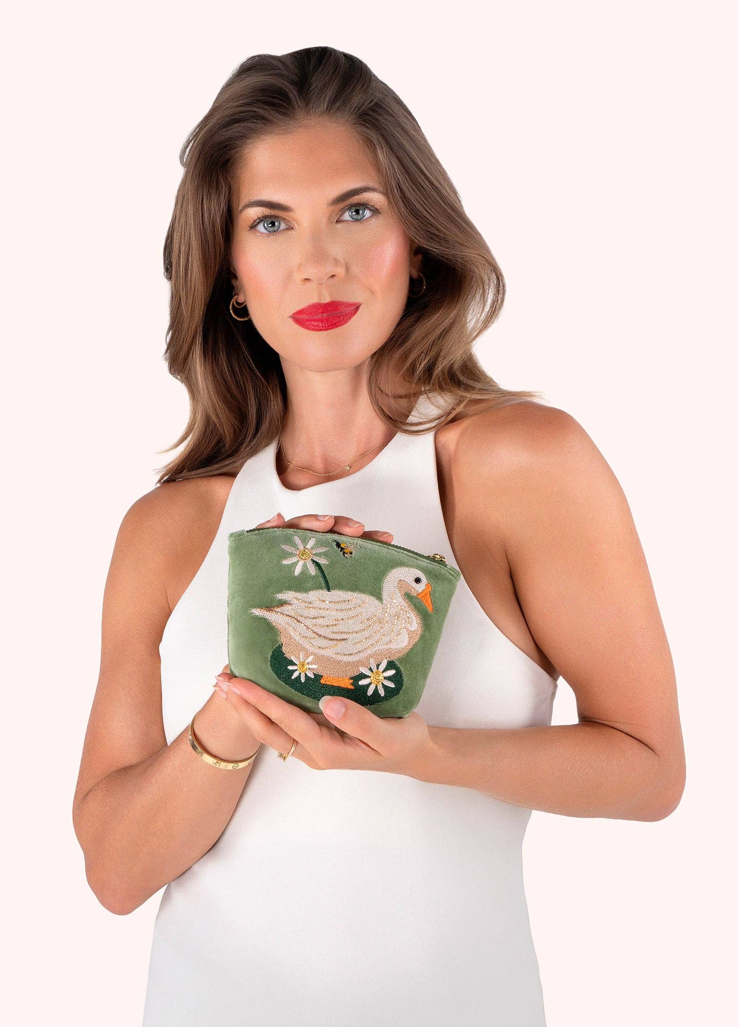 Embroidered Velvet Mini Pouch - Garden Goose: Green