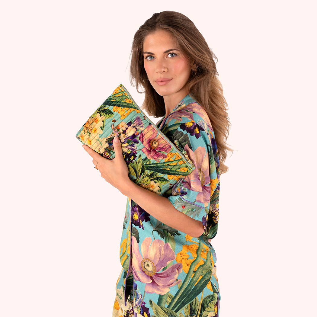 Quilted Velvet Zip Pouch - Spring Flora