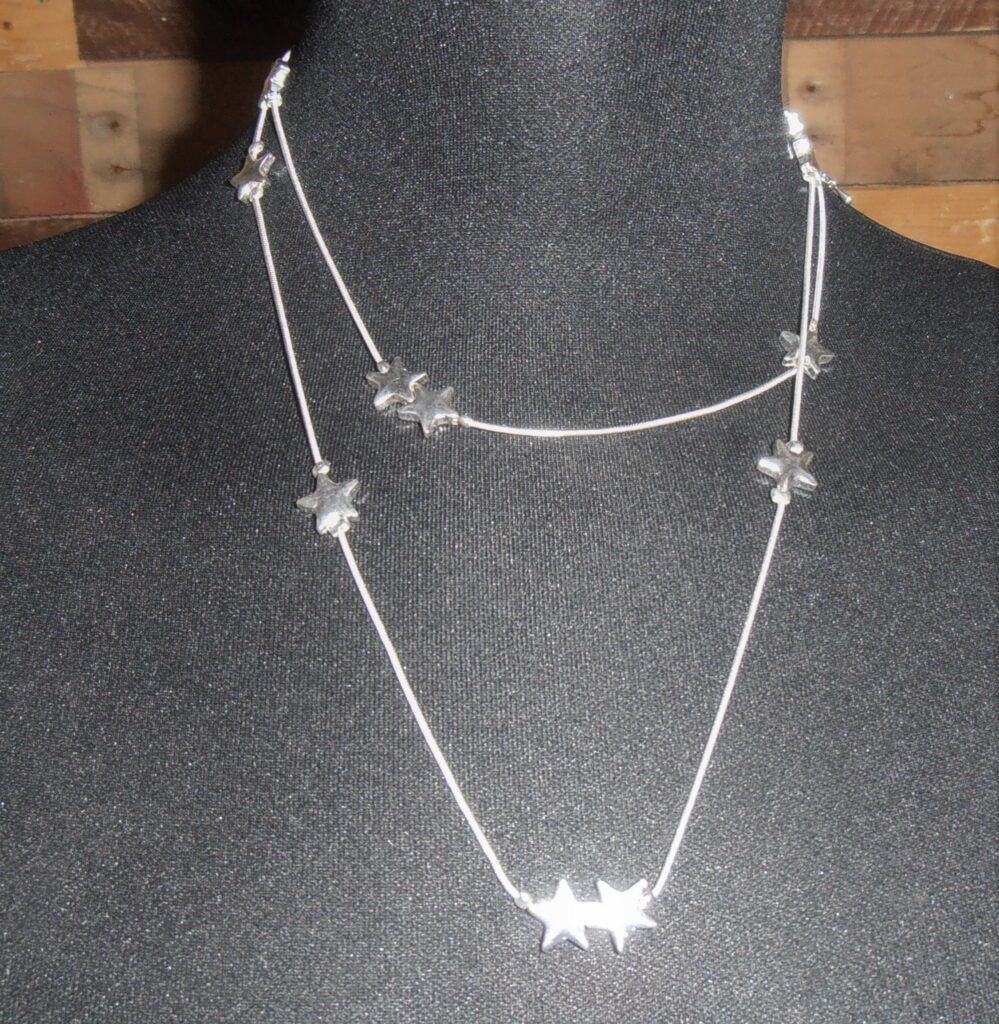 Long Delicate Cascading Silver Stars Necklace