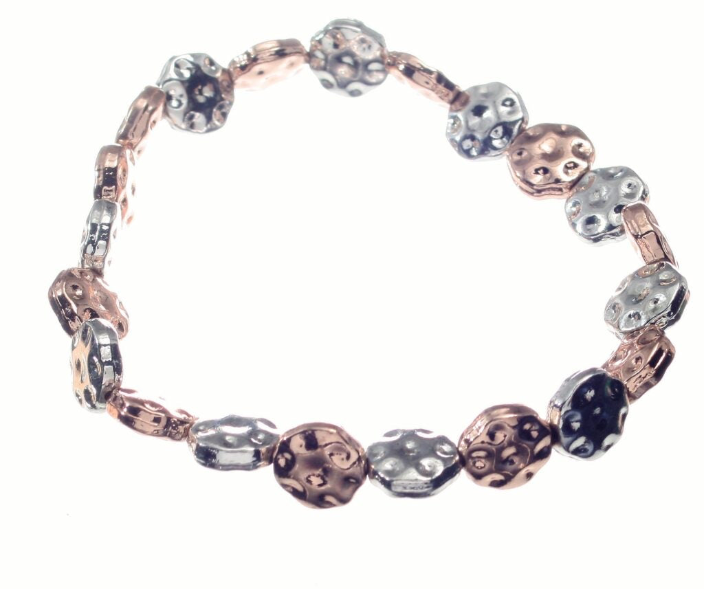 Bracelet - Battered Rose Gold & Silver Discs on Stretch Bracelet