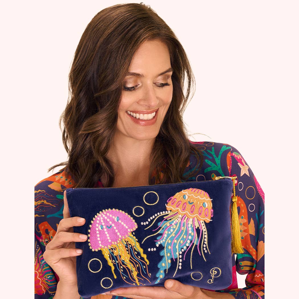 Velvet Zip Pouch - Jolly Jellies - Navy: Blue