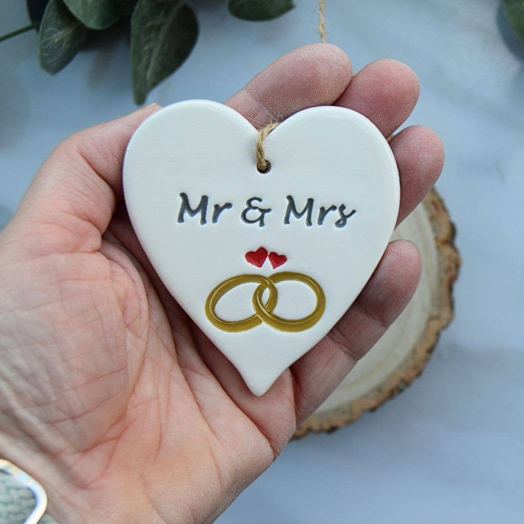 Wedding - Mr & Mrs with Rings - Handmade ceramic heart
