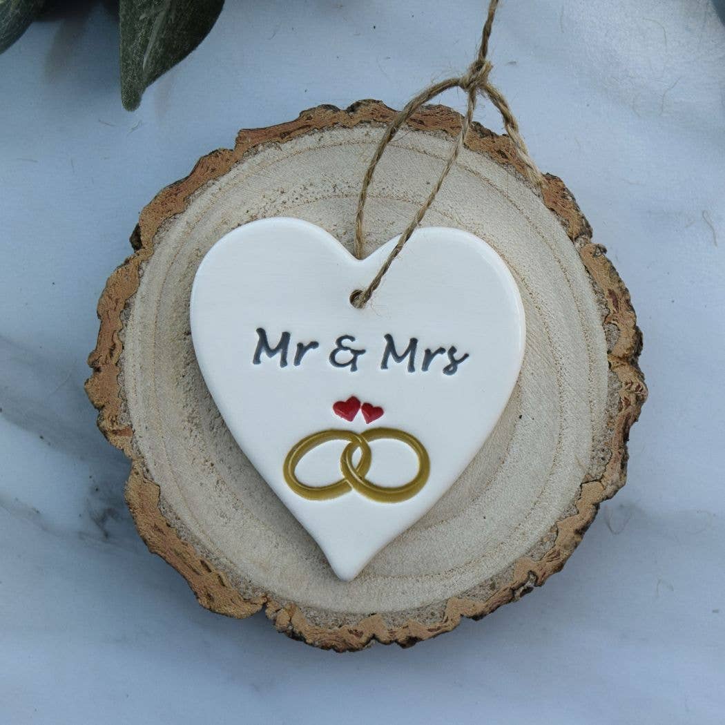 Wedding - Mr & Mrs with Rings - Handmade ceramic heart