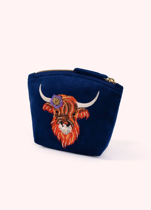 Embroidered Velvet Mini Pouch - Highland Cow: Navy