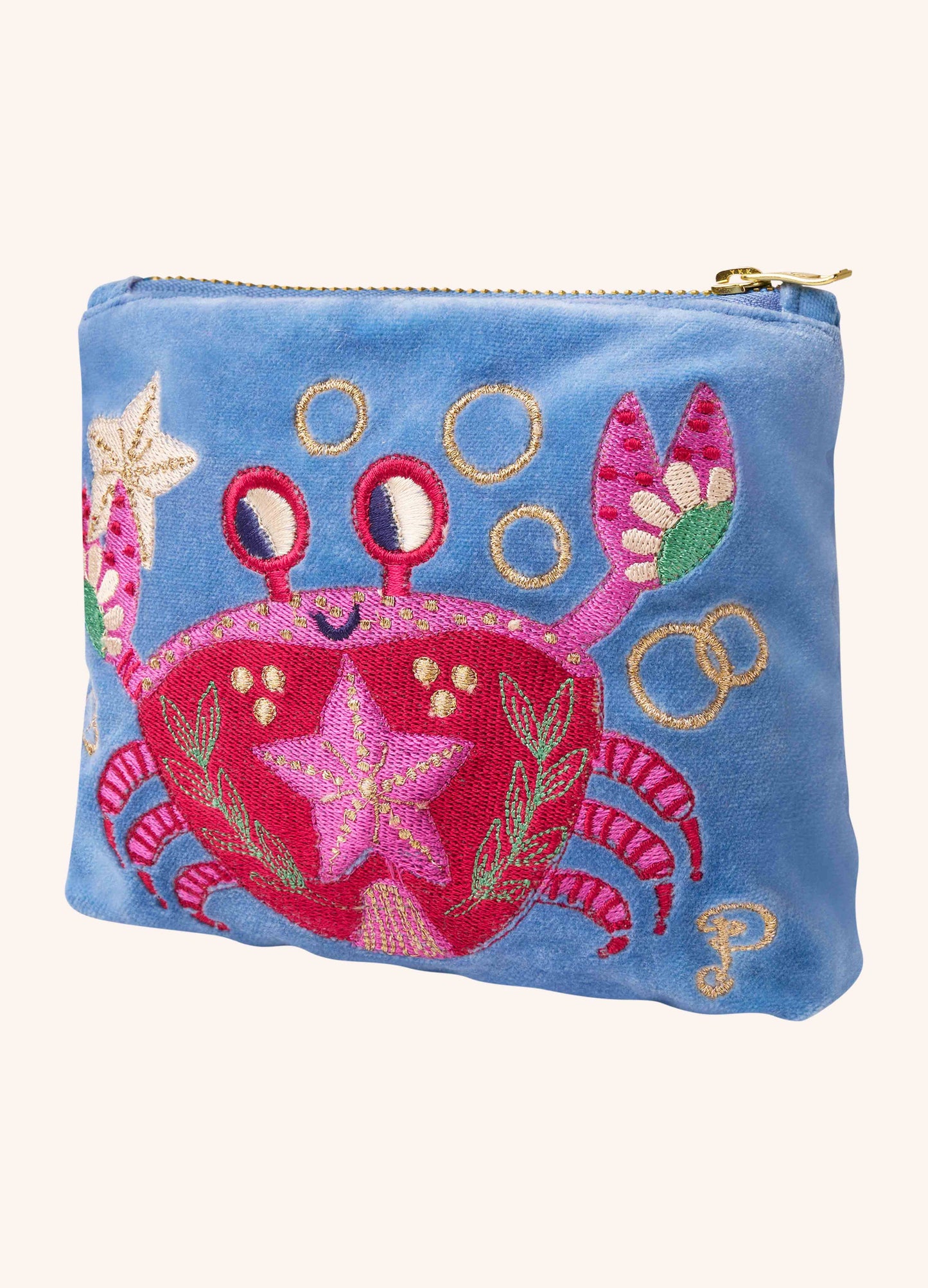 Velvet Embroidered Mini Pouch - Seafaring Crab - Cornflower