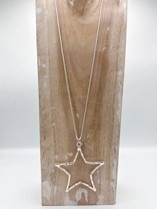 Long Silver Hollow Star Necklace