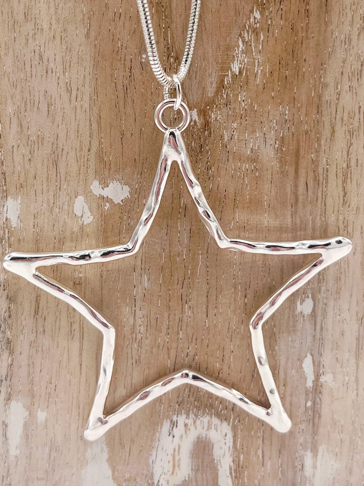 Long Silver Hollow Star Necklace