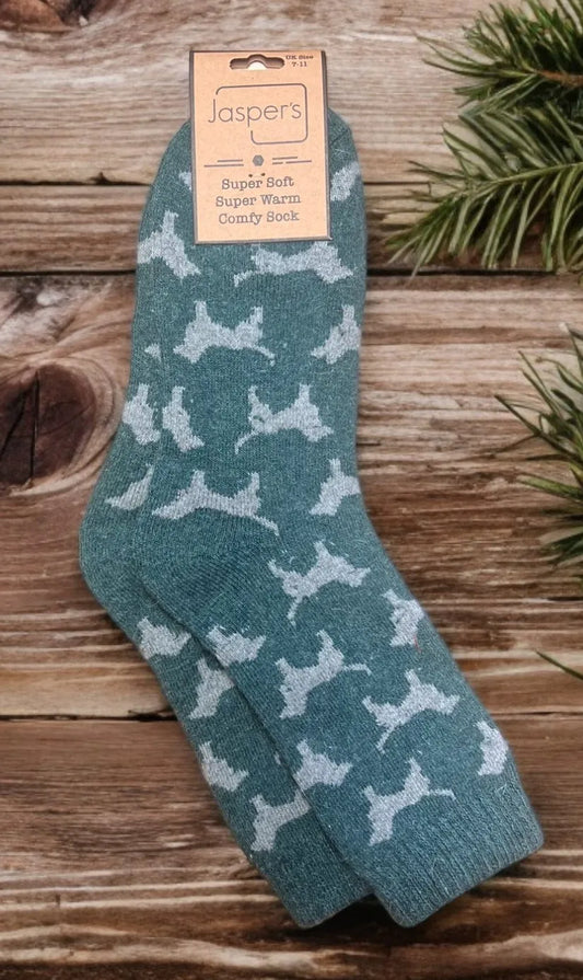 Jasper’s Comfy Socks 7-11 Dashing Dogs Green