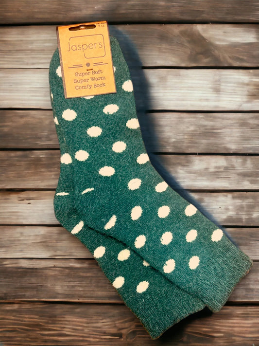 Jasper’s Comfy Socks 7-11 Green & White Spots