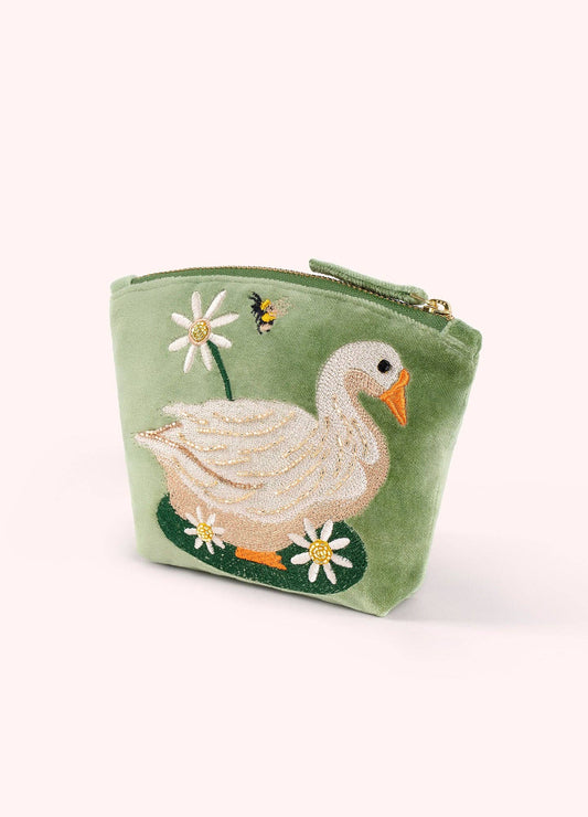 Embroidered Velvet Mini Pouch - Garden Goose: Green