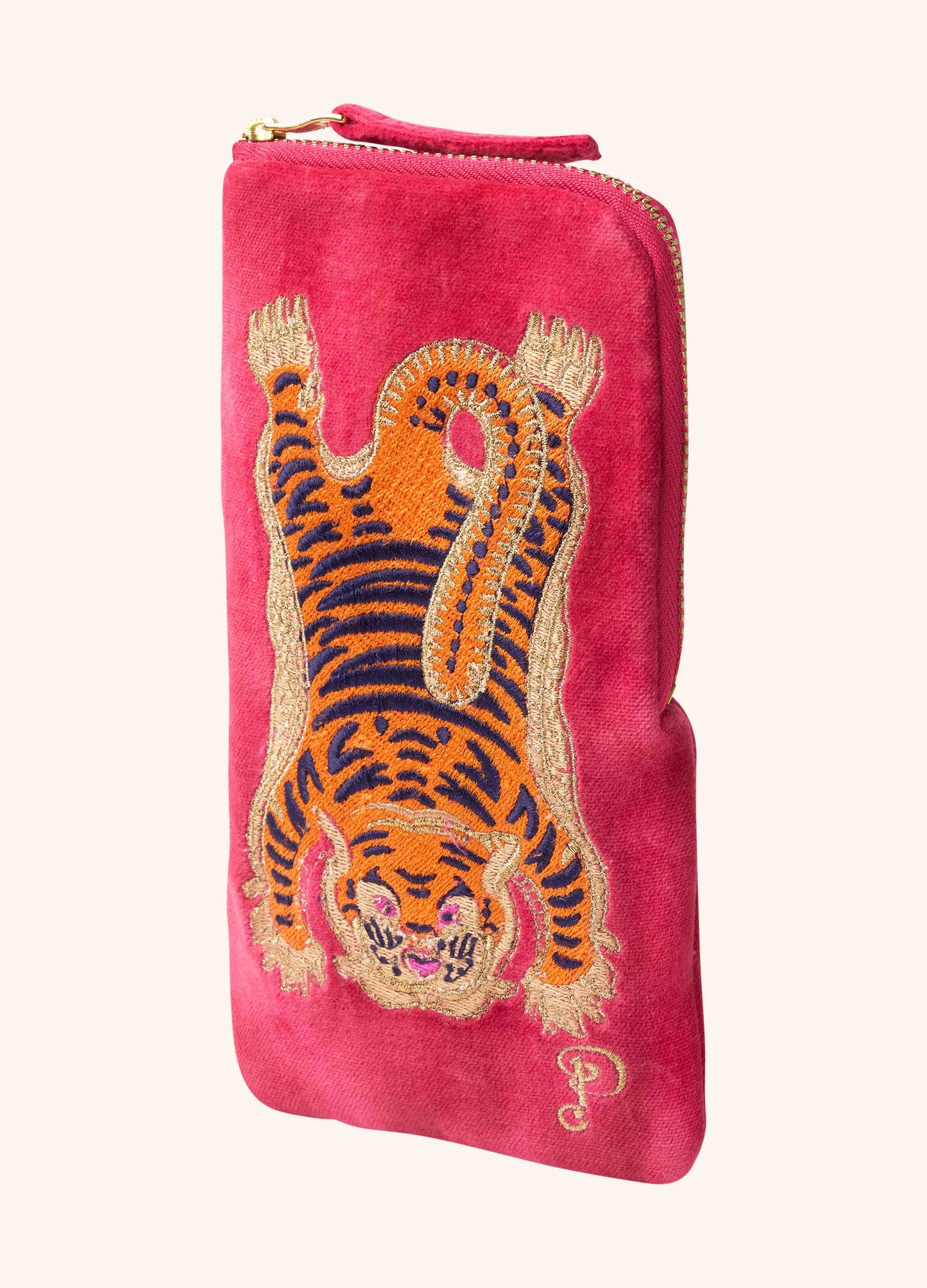 Velvet Embroidered Sunglasses Pouch - Ikat Tiger - Fuchsia