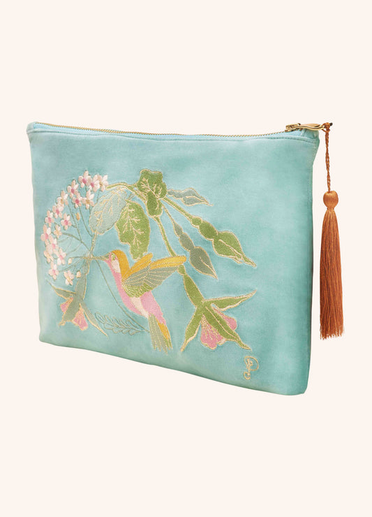 Velvet Embroidered Mini Pouch - Hummingbird