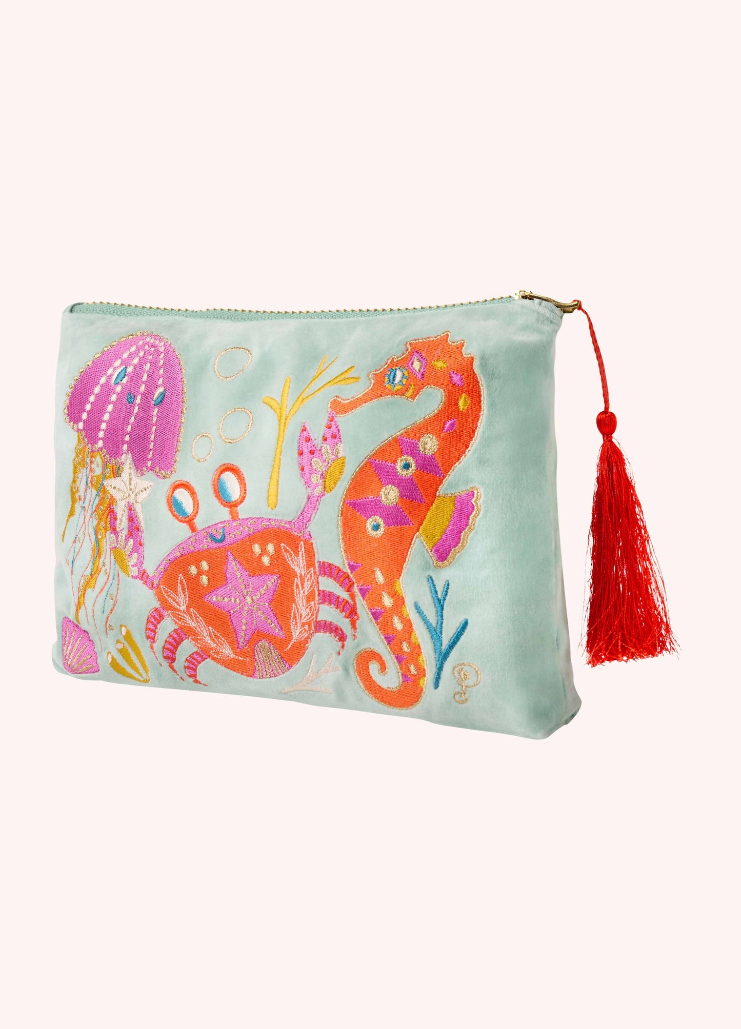 Velvet Embroidered Zip Pouch - Seashore Friends - Aqua