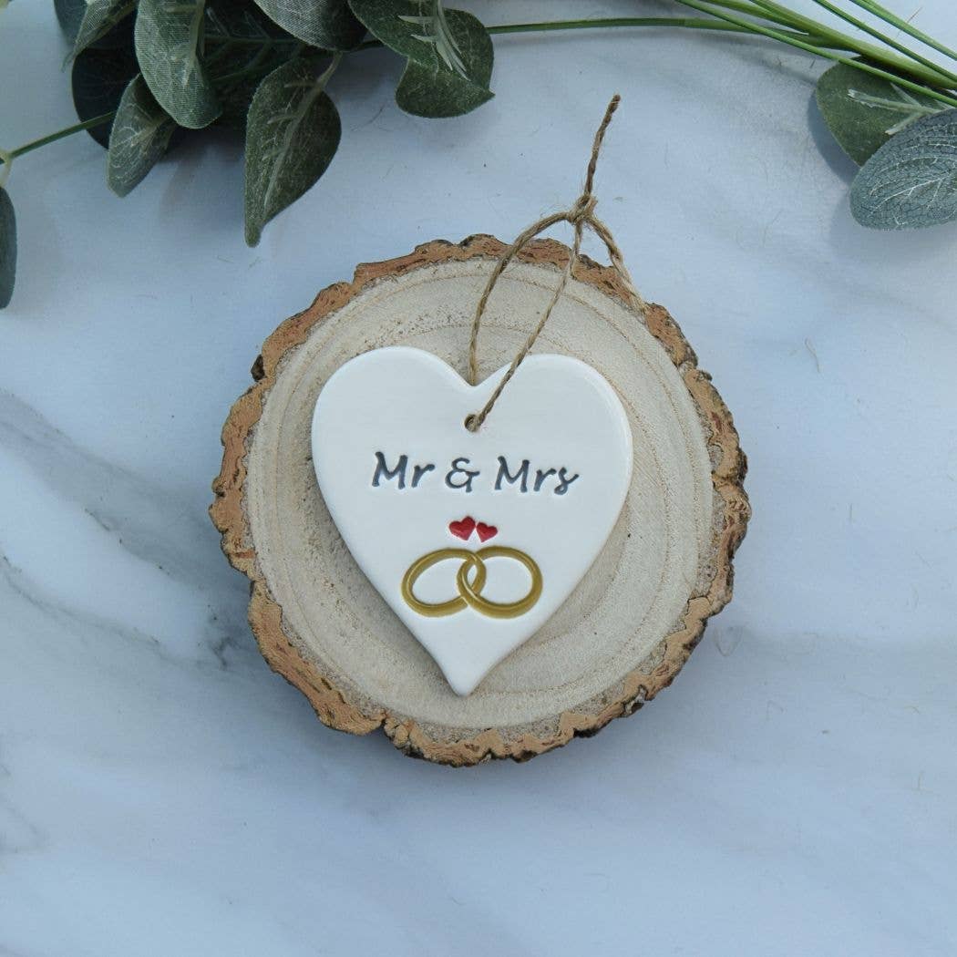 Wedding - Mr & Mrs with Rings - Handmade ceramic heart