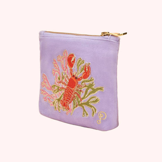 Velvet Embroidered Mini Pouch - Lobster Buddies, Lavender