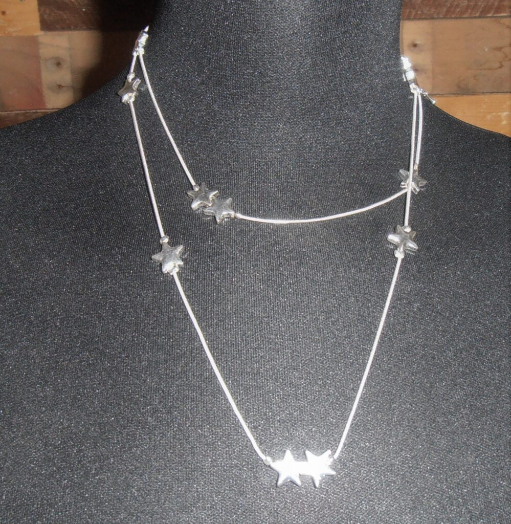 Long Delicate Cascading Silver Stars Necklace