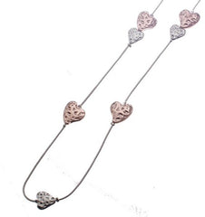 Long Cascading Battered Small Heart Silver & Rose Gold Necklace