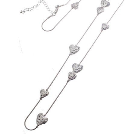 Long Cascading Battered Small Heart Silver Necklace