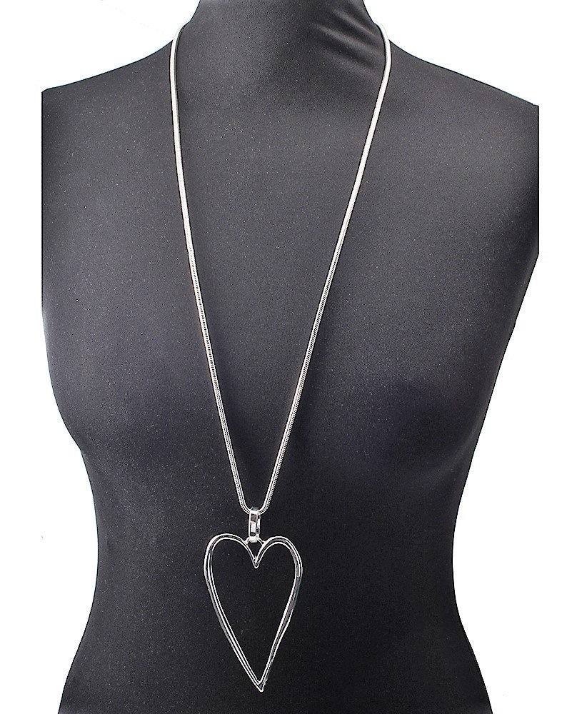 Long Silver Hollow Heart Necklace