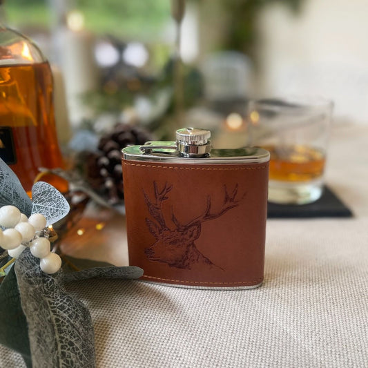 Stag Engraved Leather Wrapped Hip flask