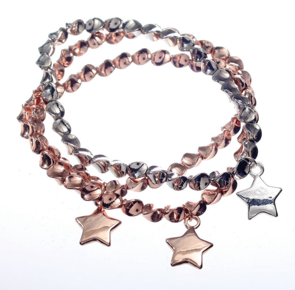 Bracelet - Triple Strand Mixed Colour Bracelet with Star Drops
