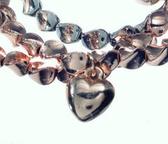 Bracelet - Triple Strand Mixed Colour Bracelet with Heart Drops