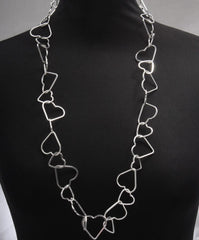 Long Cascading Linked Hollow Hearts Silver Necklace