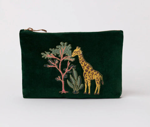 Elizabeth Scarlett Giraffe Forest Green Velvet Makeup Bag