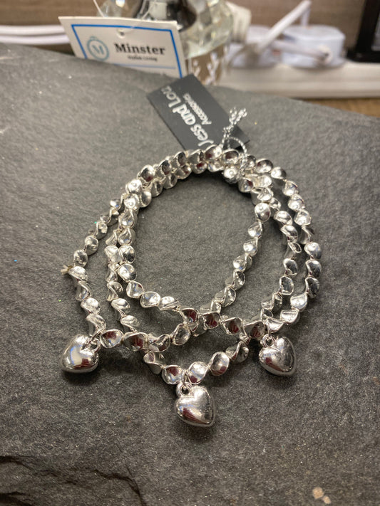 Bracelet - Triple Strand Silver Bracelet with Heart Drops