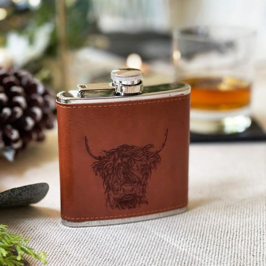 Highland Cow Engraved Leather Wrapped Hip flask
